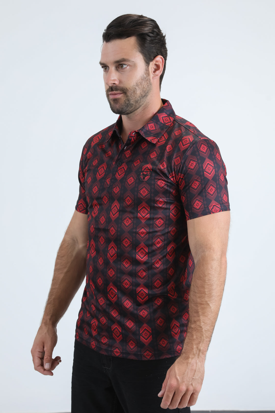 Mens Performance Fabric Modern Fit Stretch Aztec Print Black Polo