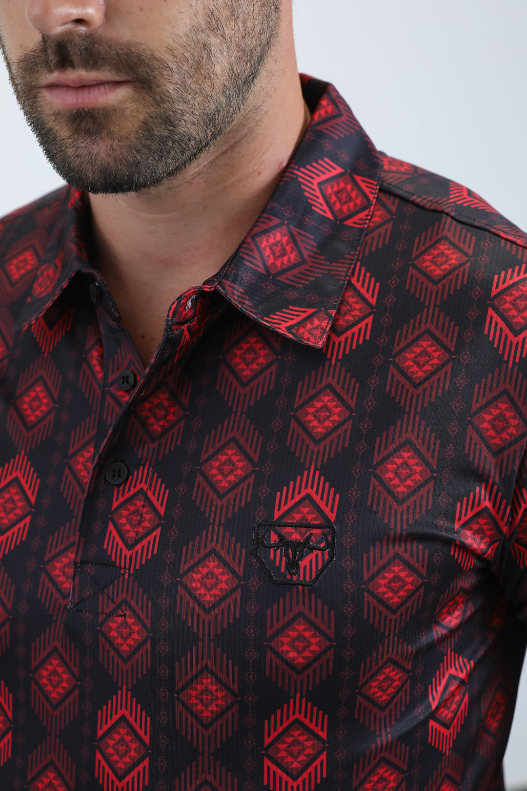 Mens Performance Fabric Modern Fit Stretch Aztec Print Black Polo