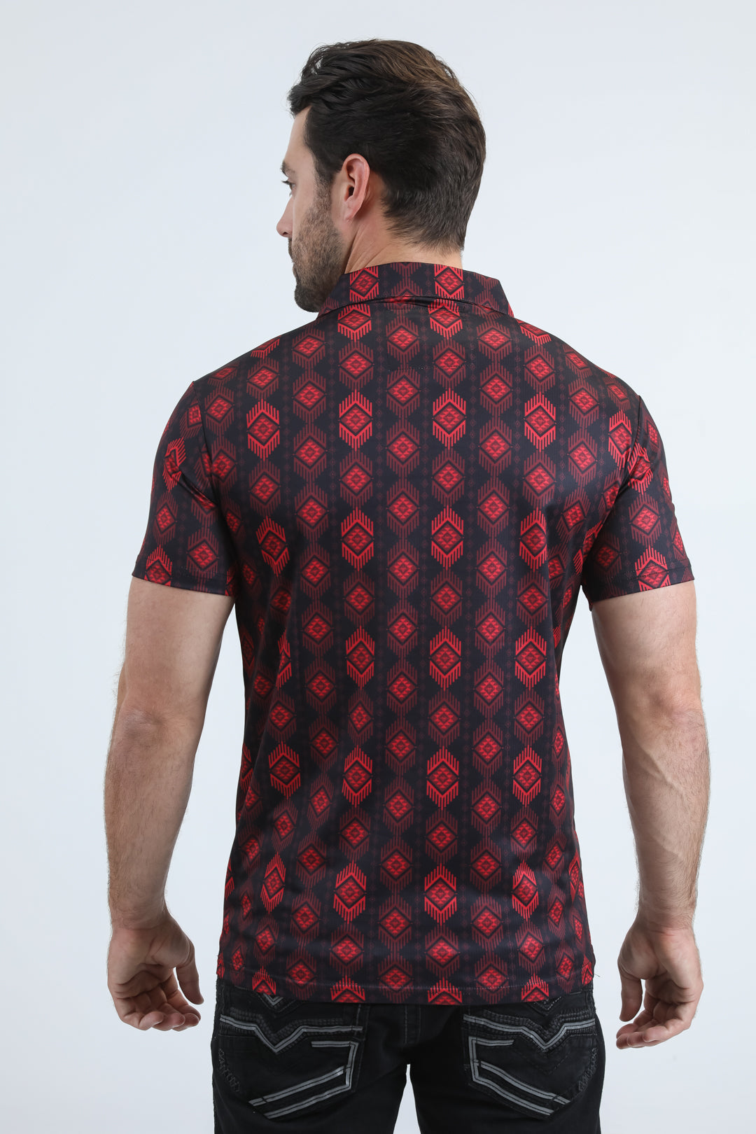 Mens Performance Fabric Modern Fit Stretch Aztec Print Black Polo