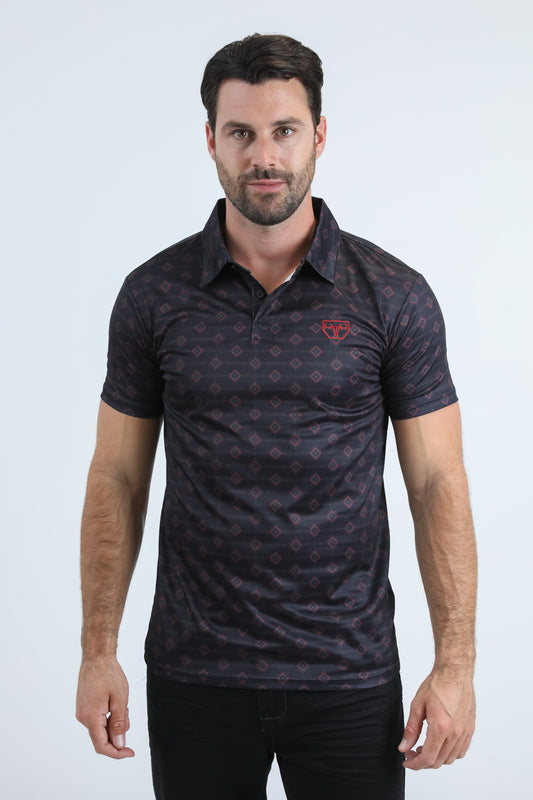 Mens Performance Fabric Modern Fit Stretch Aztec Print Black Polo