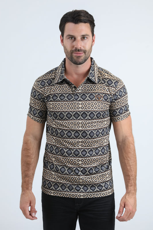 Mens Performance Fabric Modern Fit Stretch Aztec Print Black Polo