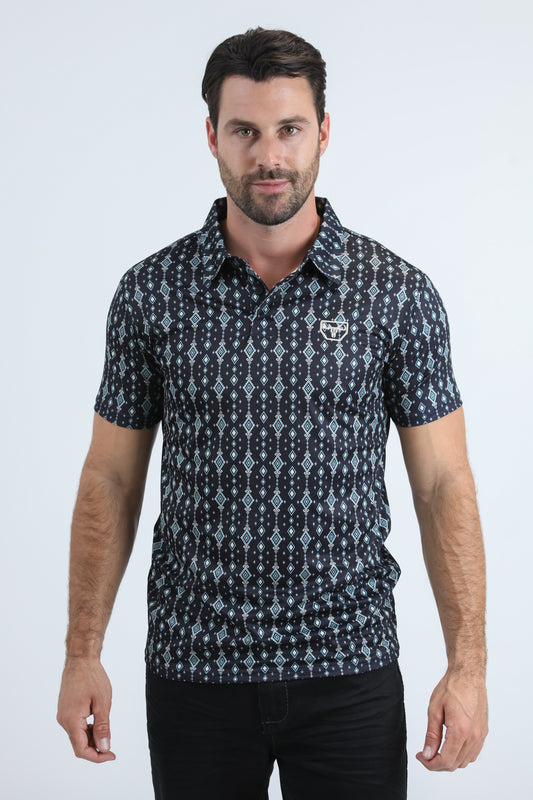 Mens Performance Fabric Modern Fit Stretch Aztec Print Black Polo