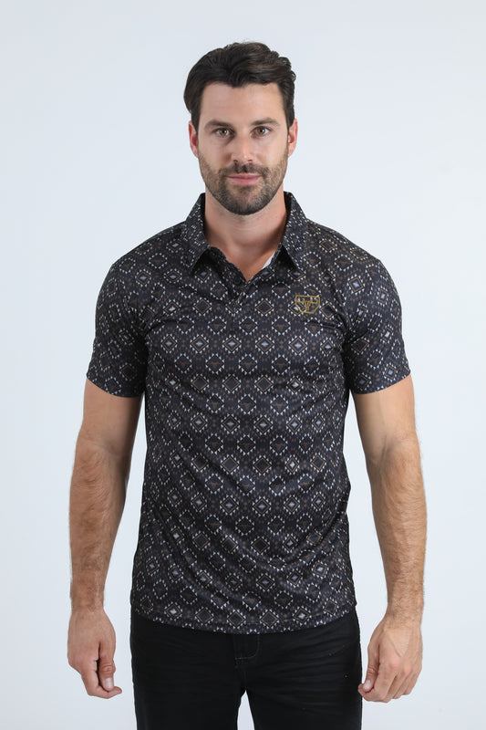 Mens Performance Fabric Modern Fit Stretch Aztec Print Black Polo