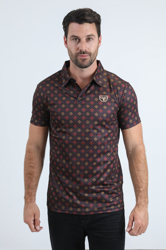 Mens Performance Fabric Modern Fit Stretch Aztec Print Black Polo