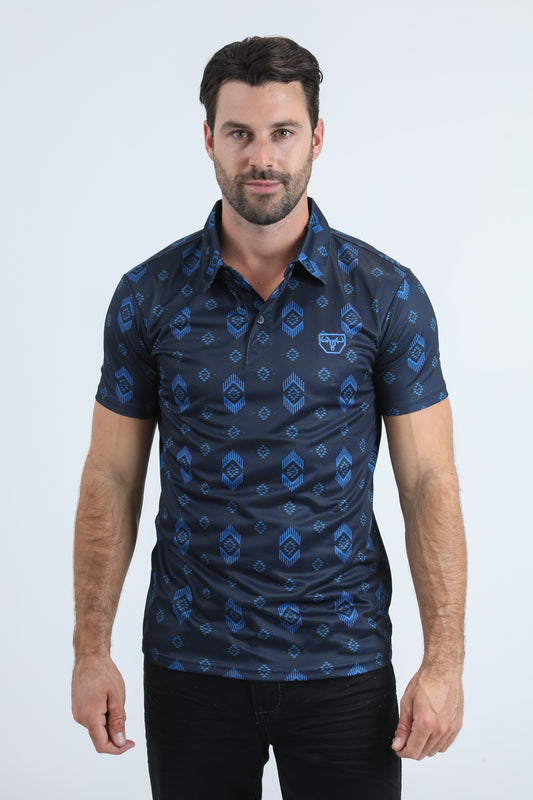 Mens Performance Fabric Modern Fit Stretch Aztec Print Blue Polo