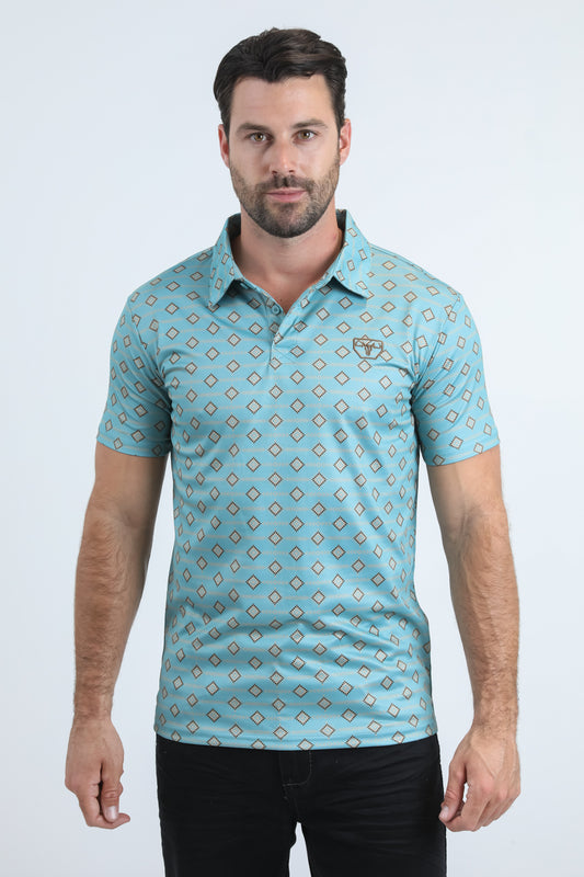 Mens Performance Fabric Modern Fit Stretch Aztec Print Blue Polo