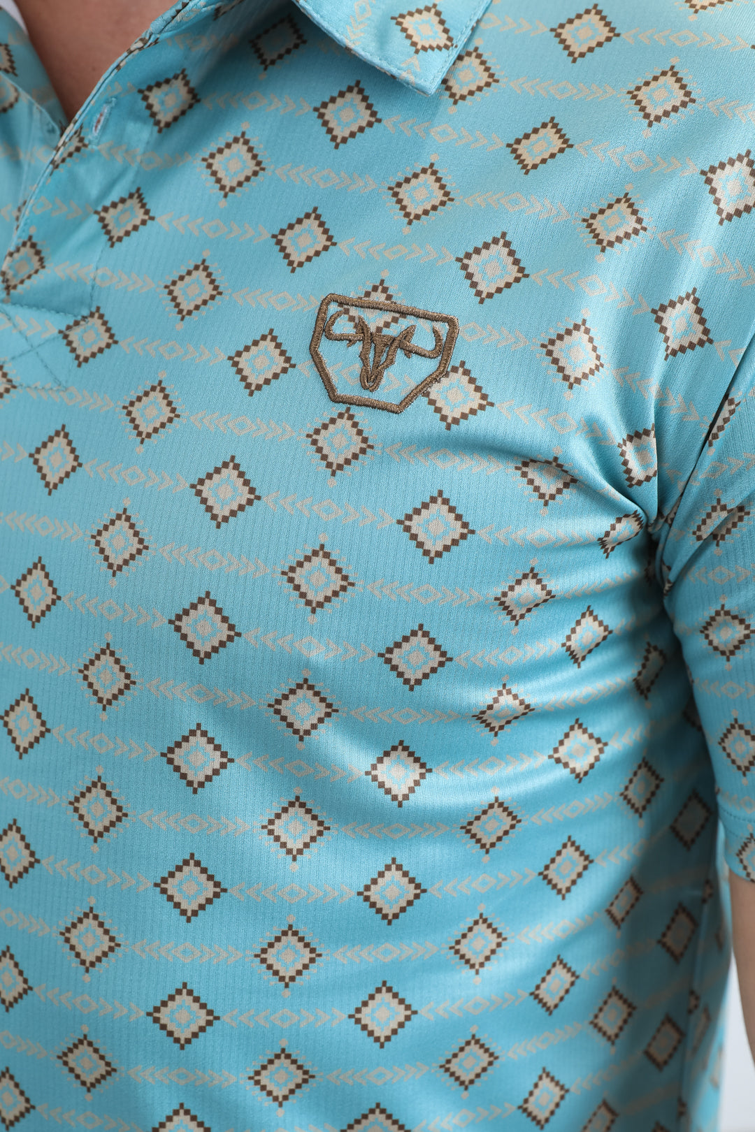 Mens Performance Fabric Modern Fit Stretch Aztec Print Blue Polo