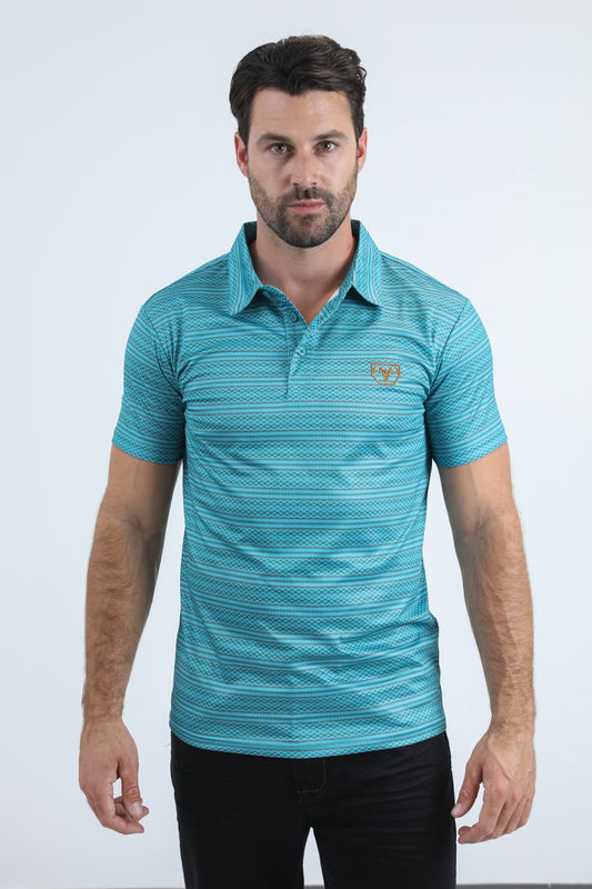 Mens Performance Fabric Modern Fit Stretch Aztec Print Blue Polo