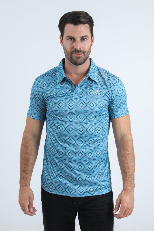 Mens Performance Fabric Modern Fit Stretch Aztec Print Blue Polo