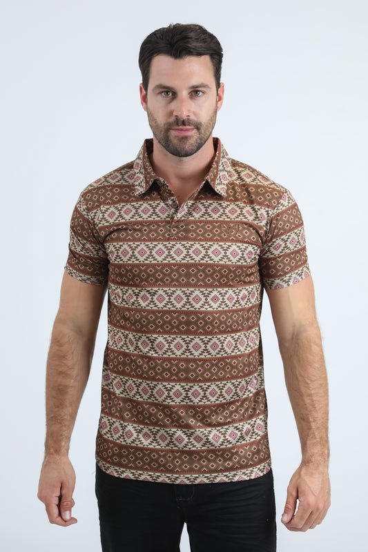 Mens Performance Fabric Modern Fit Stretch Aztec Print Brown Polo