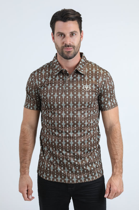 Mens Performance Fabric Modern Fit Stretch Aztec Print Brown Polo