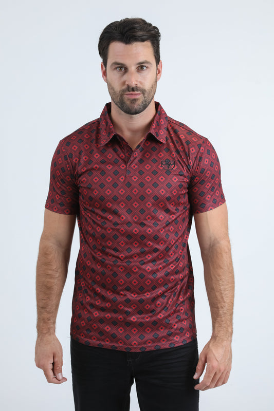 Mens Performance Fabric Modern Fit Stretch Aztec Print Burgundy Polo
