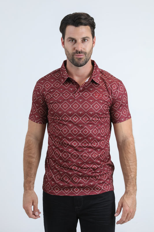 Mens Performance Fabric Modern Fit Stretch Aztec Print Red Polo