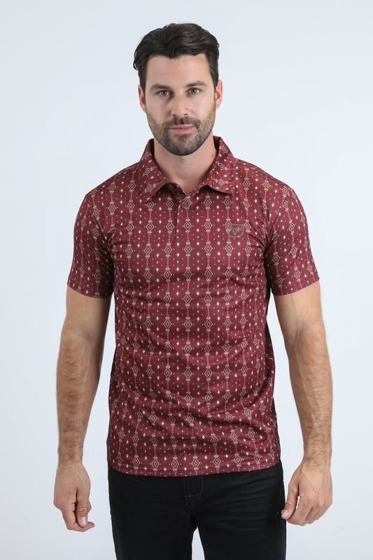Mens Performance Fabric Modern Fit Stretch Aztec Print Red Polo