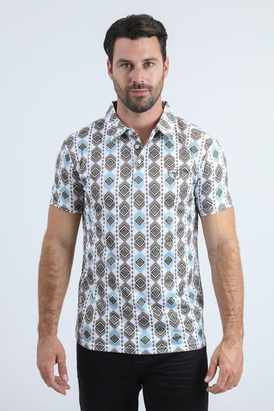 Mens Performance Fabric Modern Fit Stretch Aztec Print White Polo