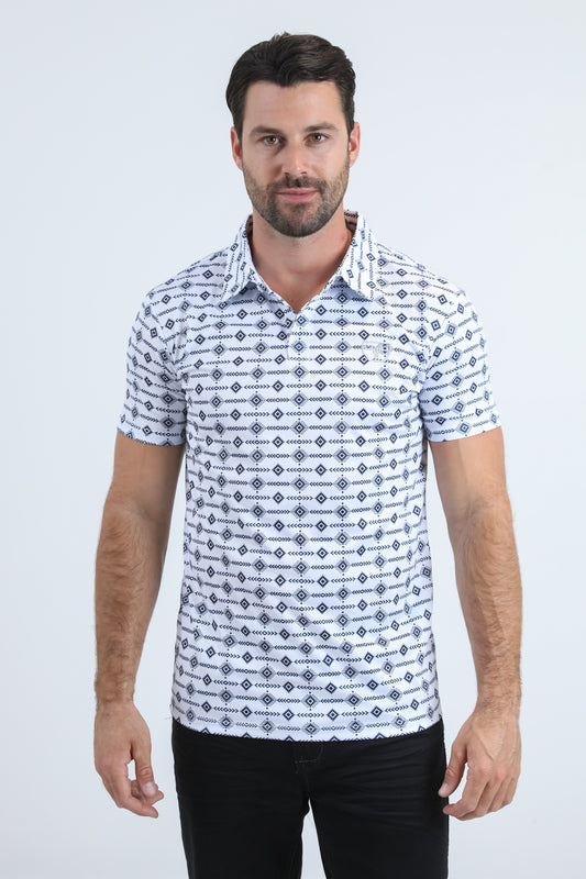 Mens Performance Fabric Modern Fit Stretch Aztec Print White Polo