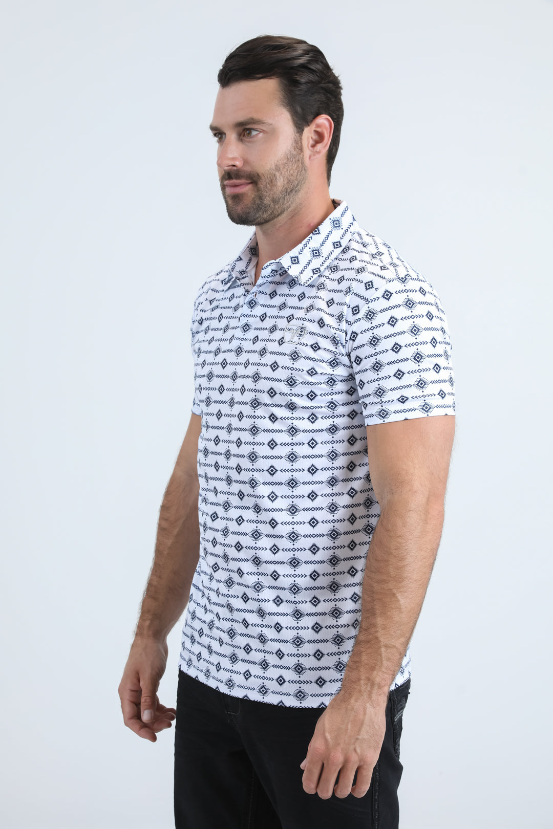 Mens Performance Fabric Modern Fit Stretch Aztec Print White Polo