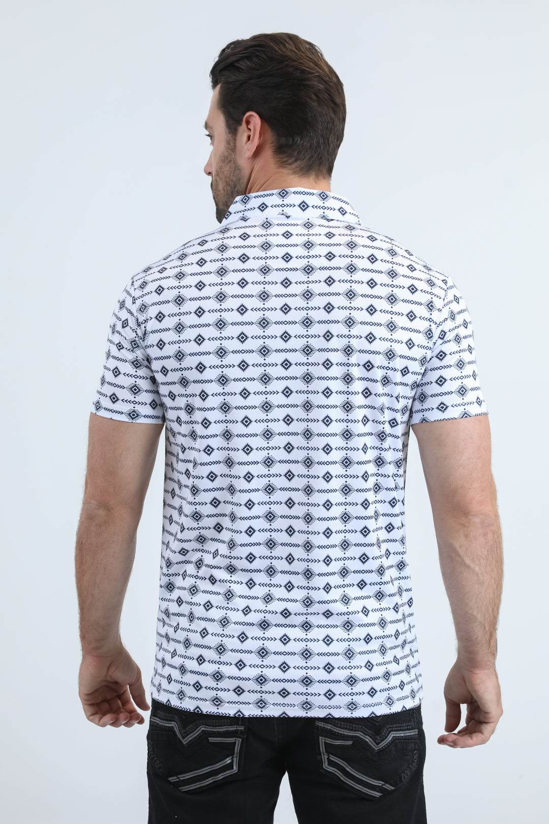 Mens Performance Fabric Modern Fit Stretch Aztec Print White Polo
