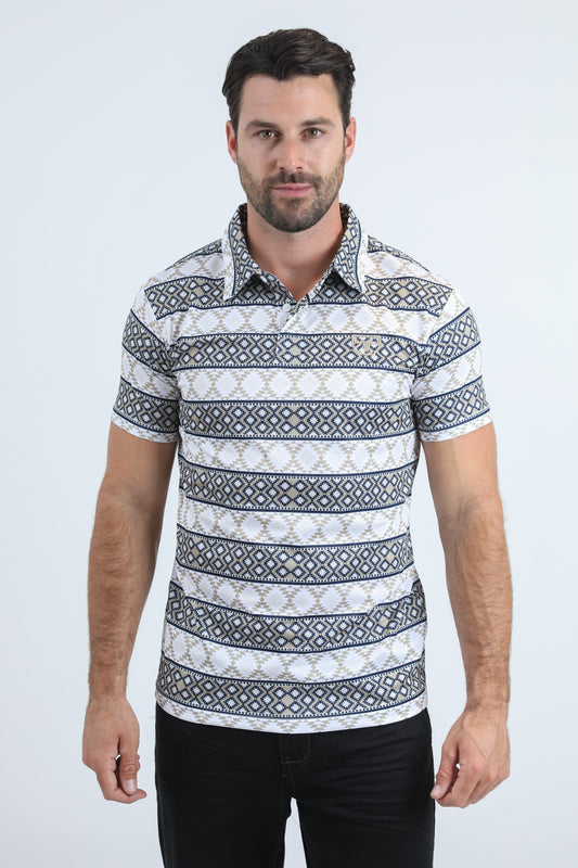 Mens Performance Fabric Modern Fit Stretch Aztec Print White Polo