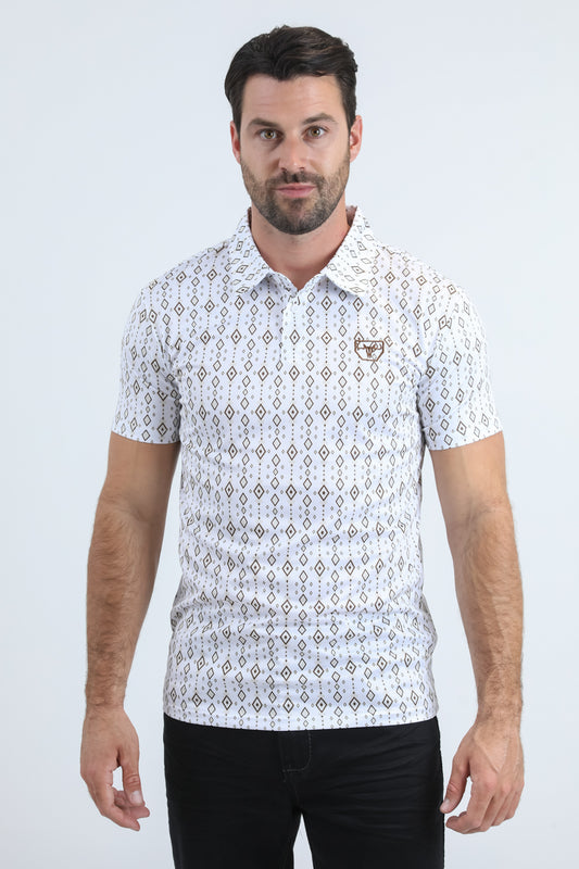 Mens Performance Fabric Modern Fit Stretch Aztec Print White Polo