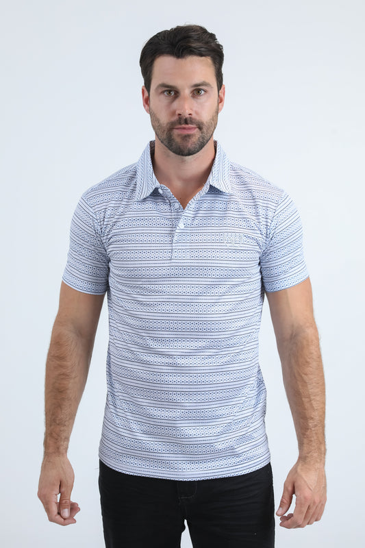 Mens Performance Fabric Modern Fit Stretch Aztec Print White Polo
