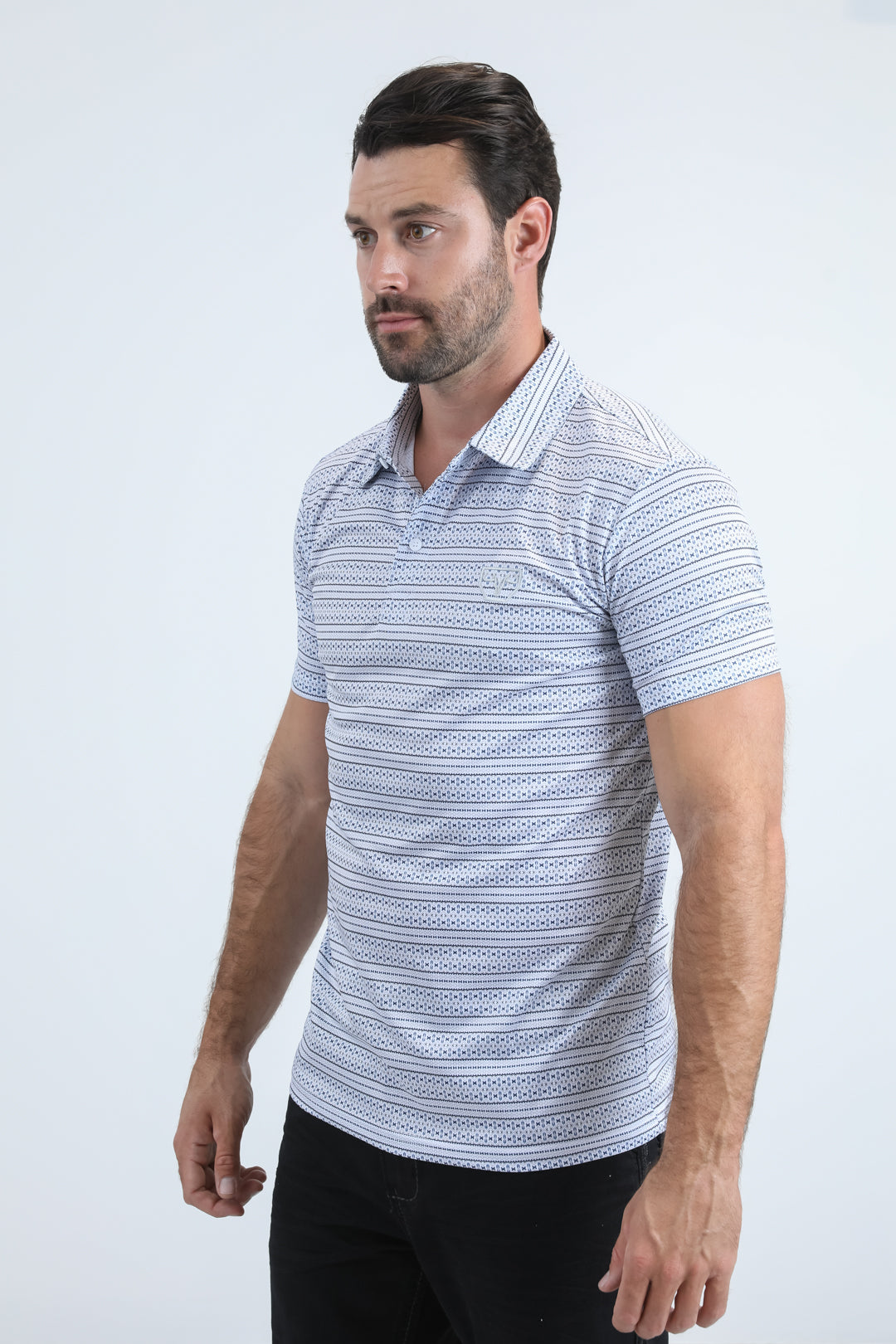 Mens Performance Fabric Modern Fit Stretch Aztec Print White Polo