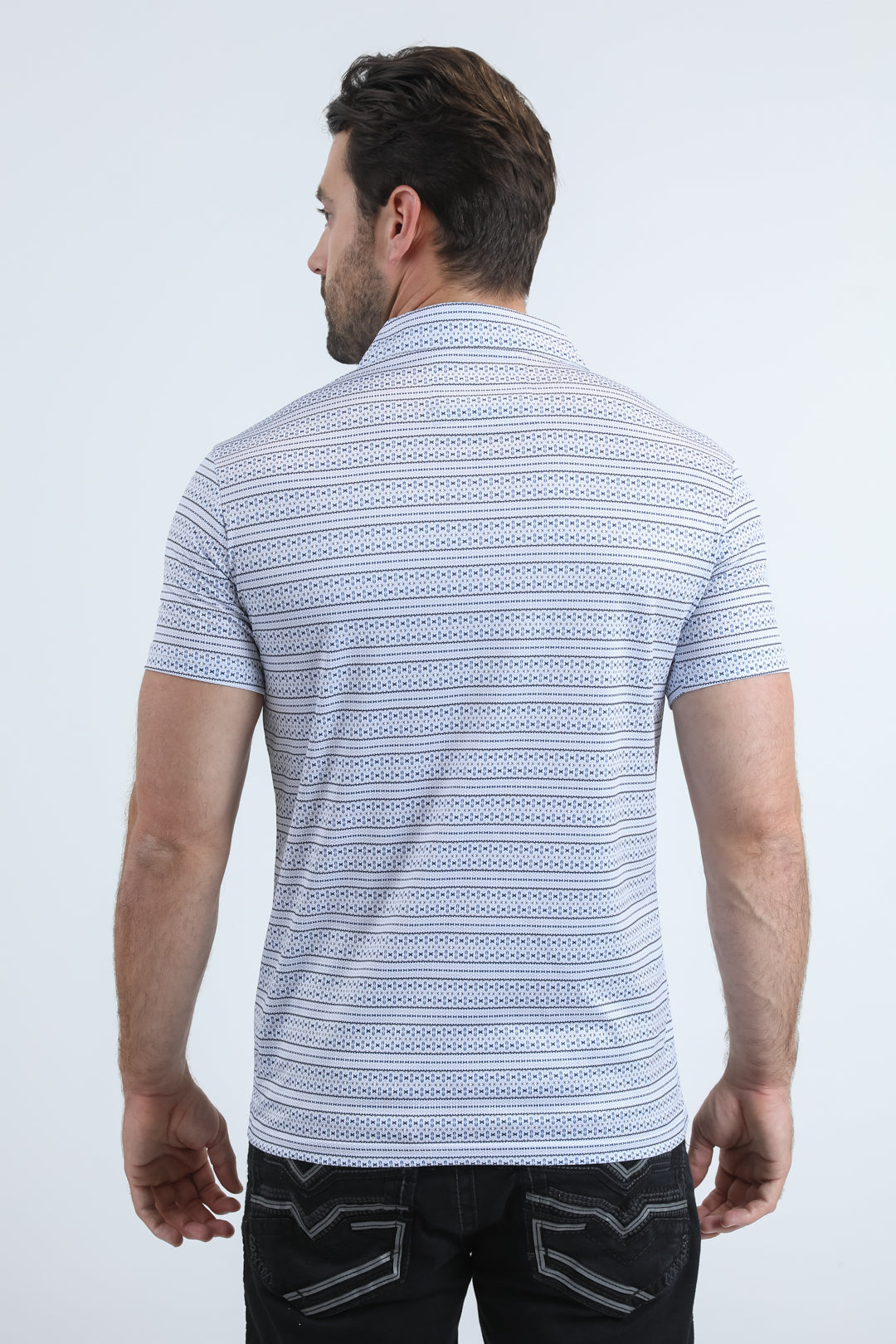 Mens Performance Fabric Modern Fit Stretch Aztec Print White Polo