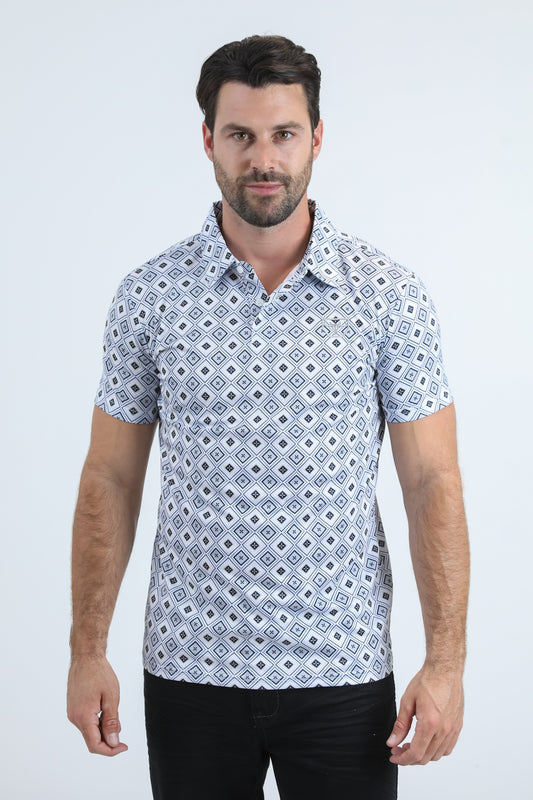 Mens Performance Fabric Modern Fit Stretch Aztec Print White Polo
