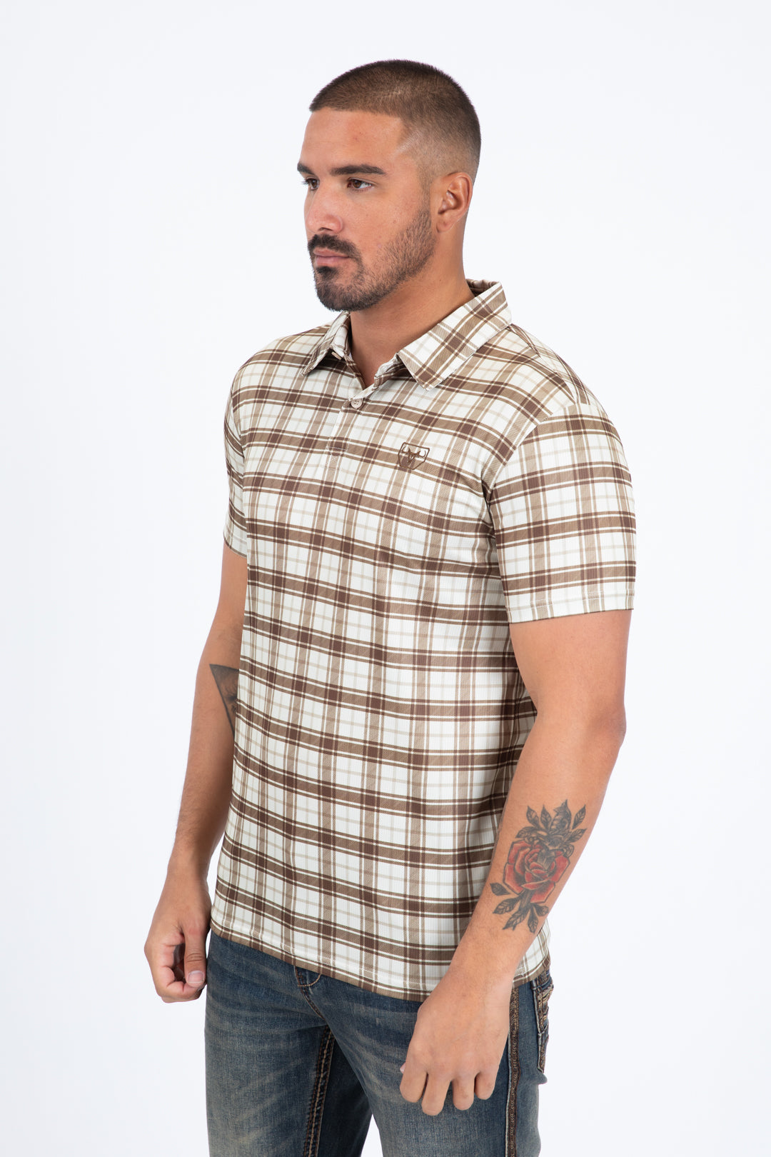 beige plaid print polo men