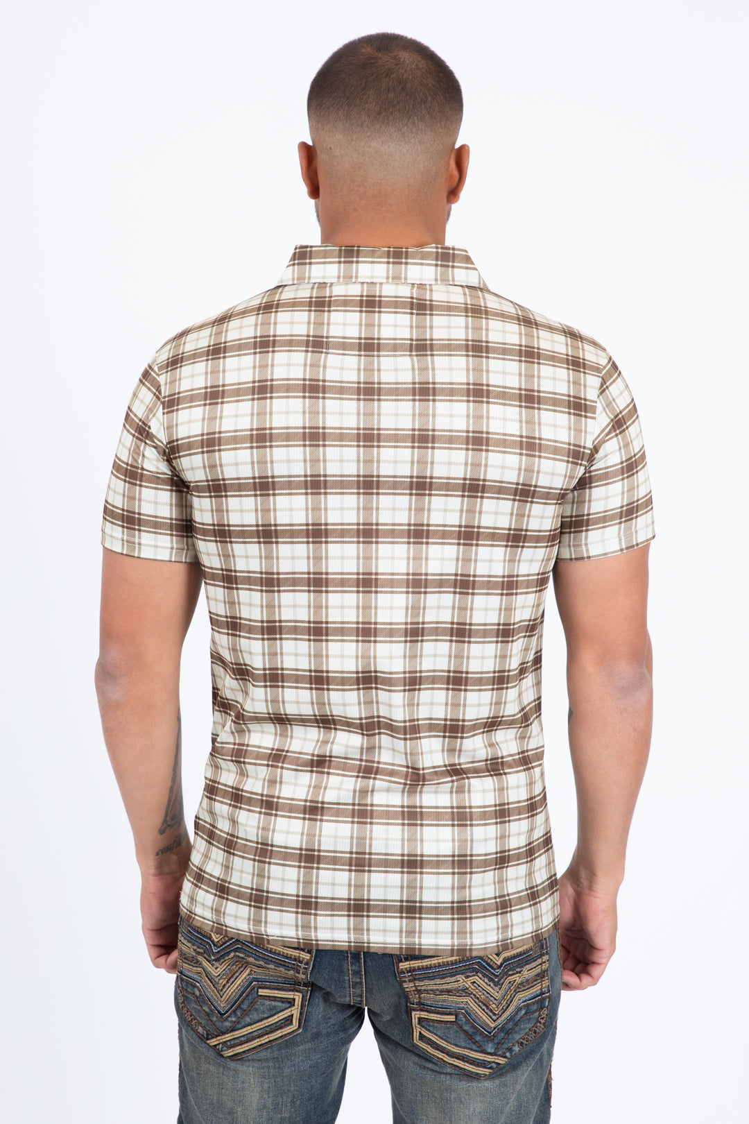 beige performance polo men back