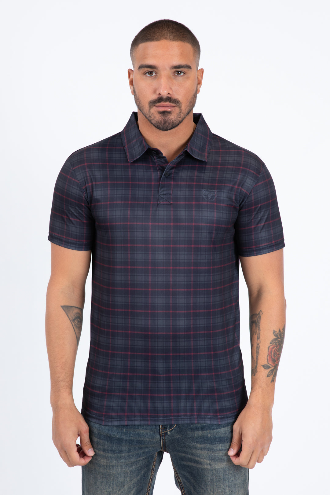 black plaid print performance polo men front
