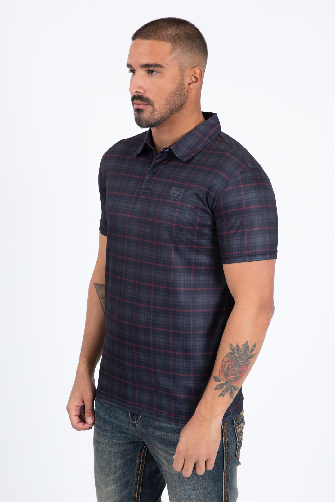 plaid print detail polo men black