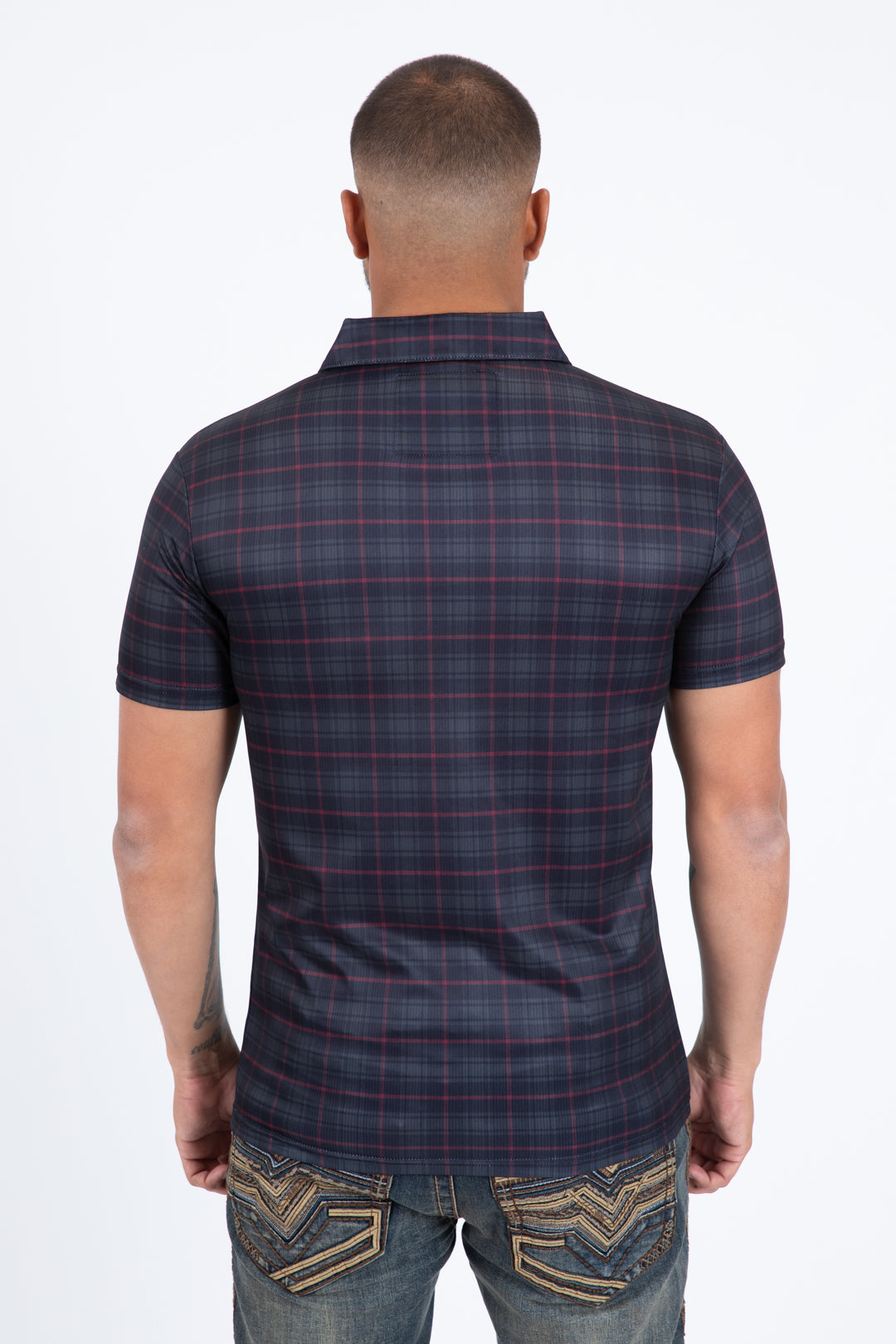 black plaid print performance polo men back