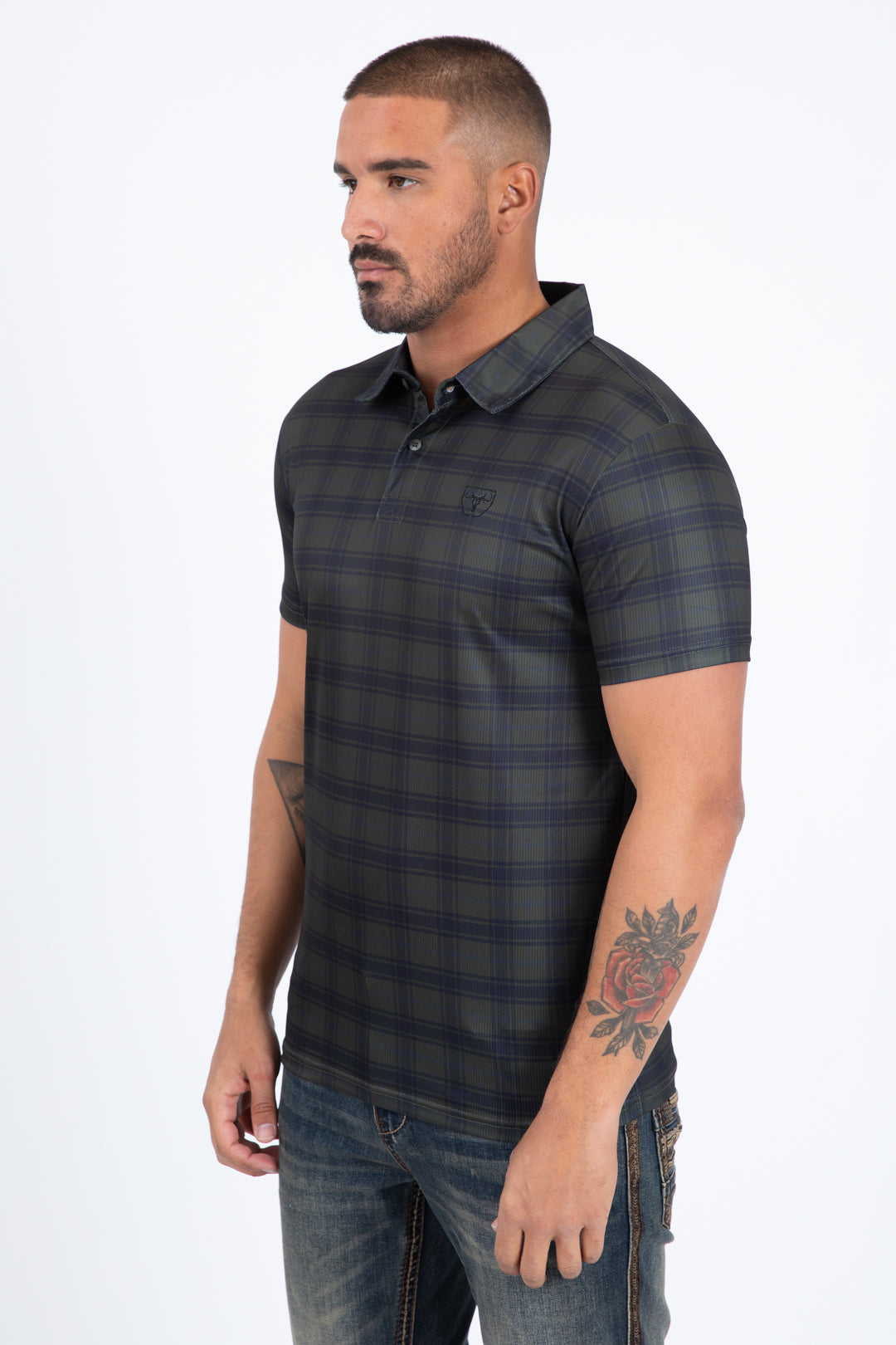 green plaid print polo men modern fit