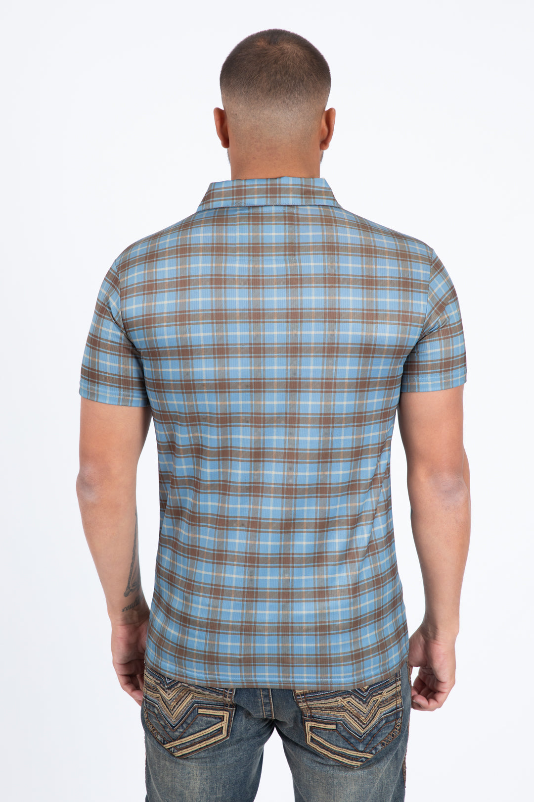 slate plaid print polo men back