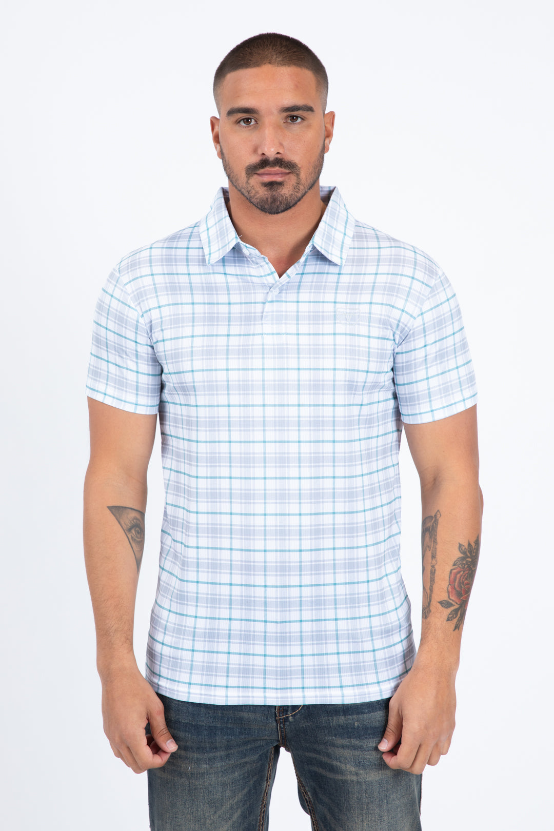 white plaid print polo men modern fit