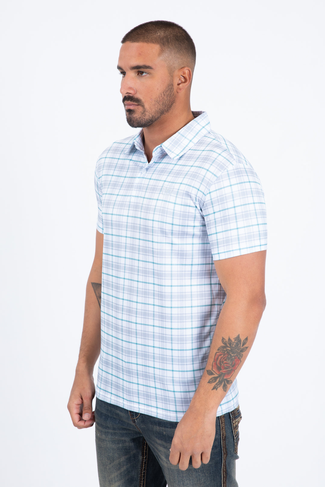 white plaid print polo men modern fit