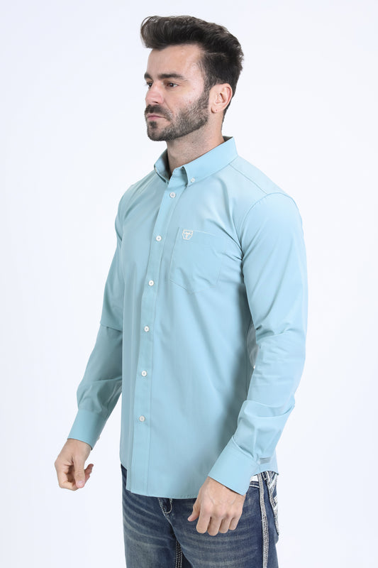 blue performance solid long sleeve shirt men platini back