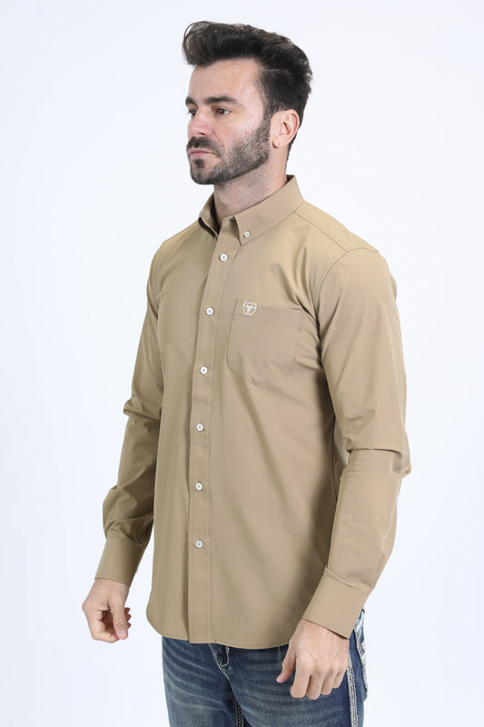 khaki performance solid long sleeve shirt men platini side