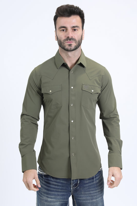 Men's Performance Western Long Sleeve Green Shirt