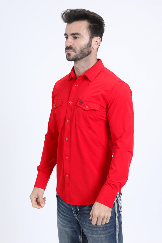 red performance western solid long sleeve shirt platini side