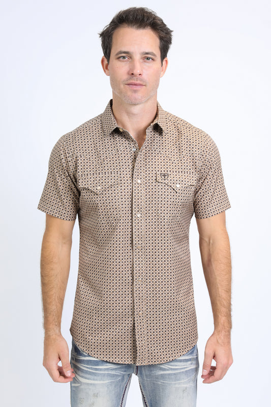 Mens Performance Western Short Sleeve Aztec Print Beige Shirt