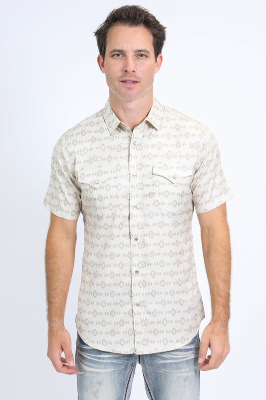 Mens Performance Western Short Sleeve Aztec Print Beige Shirt