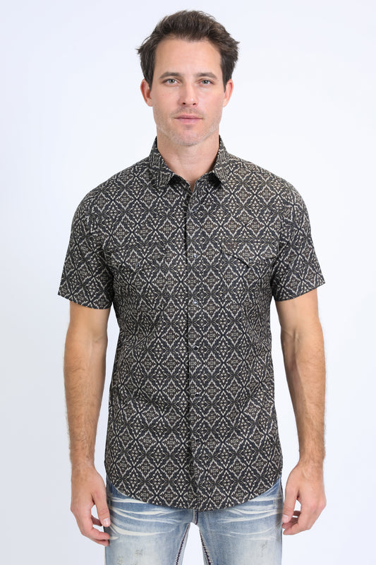 Mens Performance Western Short Sleeve Aztec Print Black/Brown Shirt
