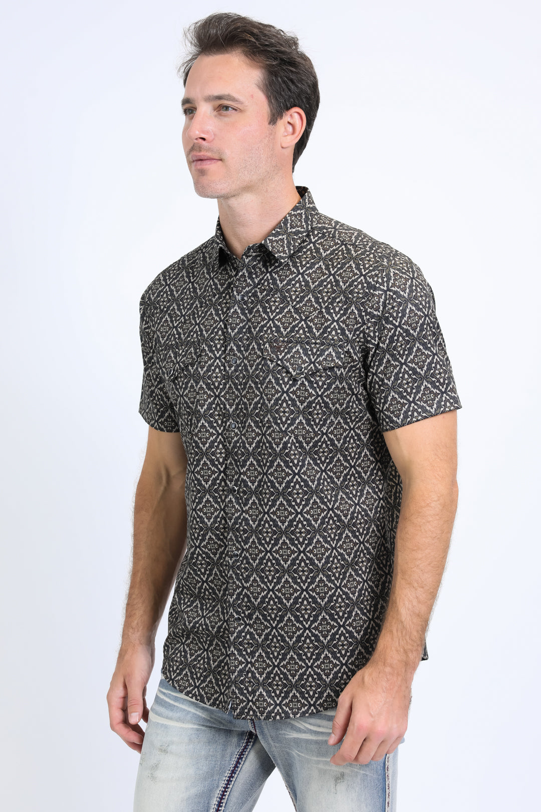 Mens Performance Western Short Sleeve Aztec Print Black/Brown Shirt