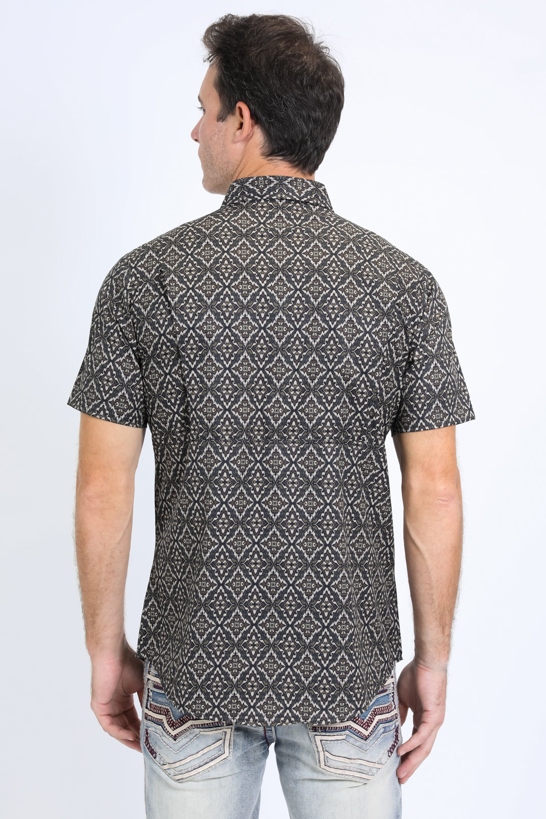 Mens Performance Western Short Sleeve Aztec Print Black/Brown Shirt