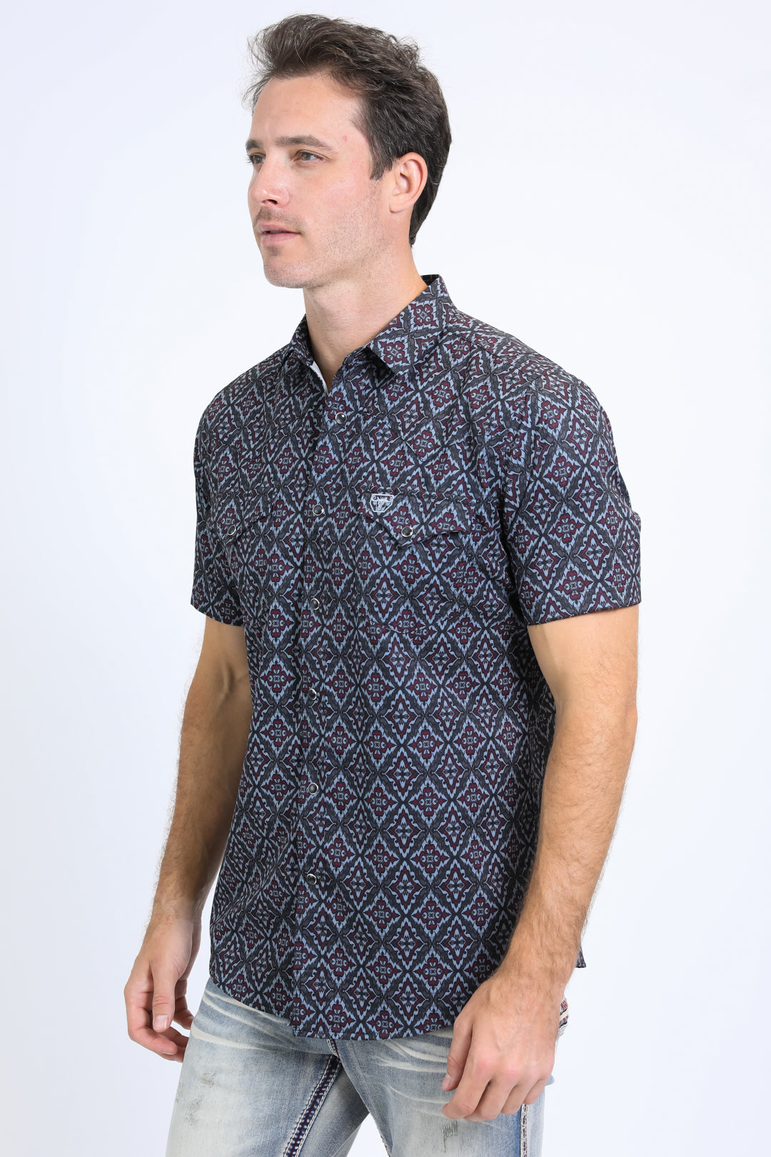 Mens Performance Western Short Sleeve Aztec Print Black/Burgundy Shirt