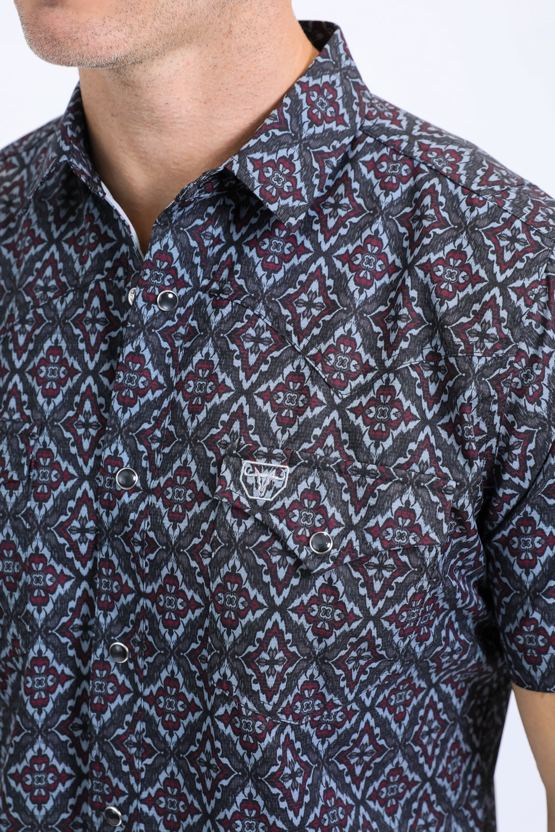Mens Performance Western Short Sleeve Aztec Print Black/Burgundy Shirt