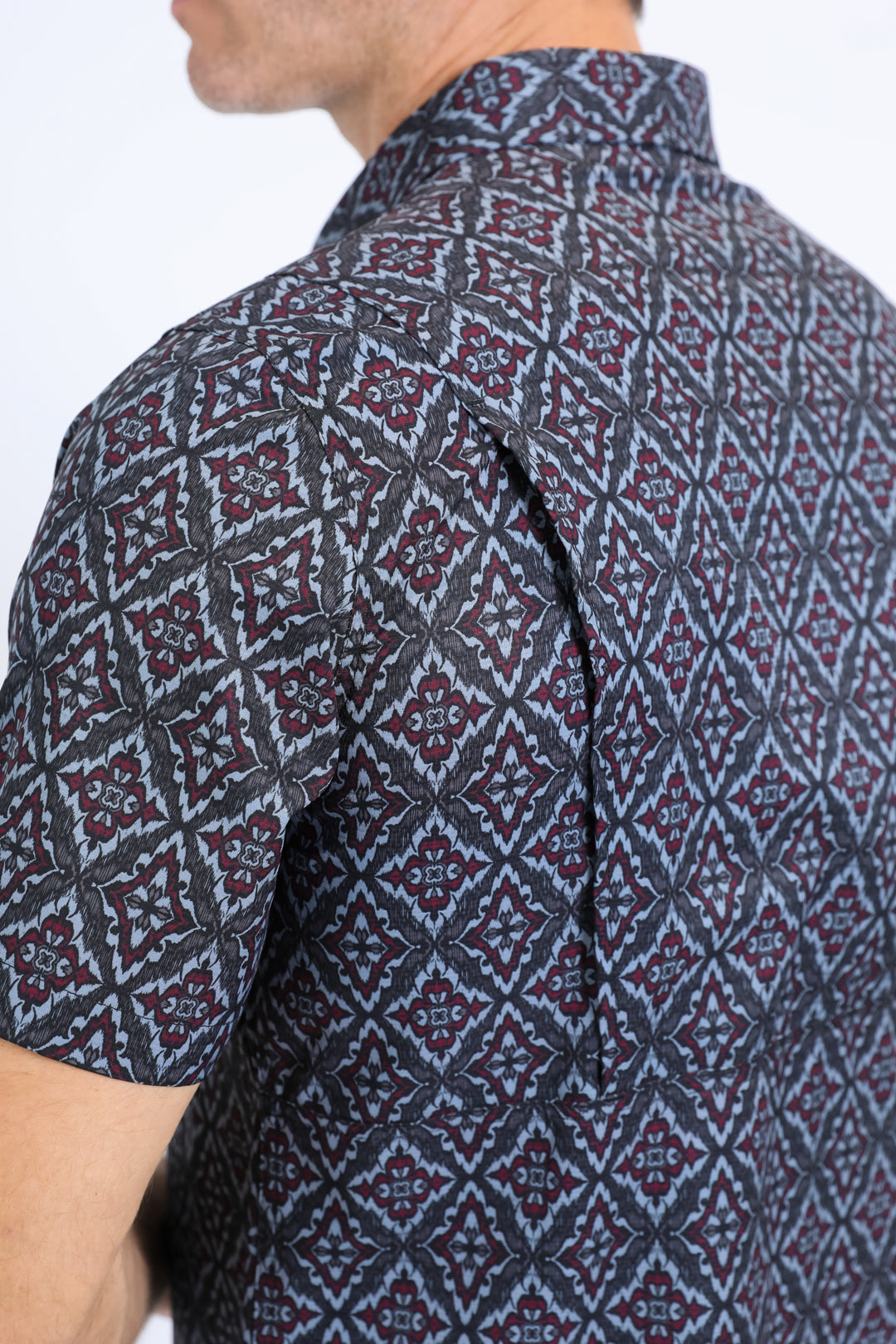 Mens Performance Western Short Sleeve Aztec Print Black/Burgundy Shirt