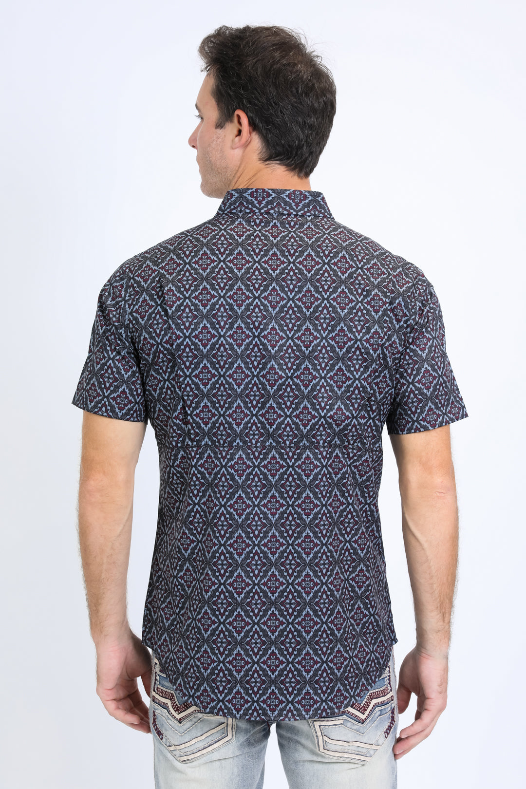 Mens Performance Western Short Sleeve Aztec Print Black/Burgundy Shirt